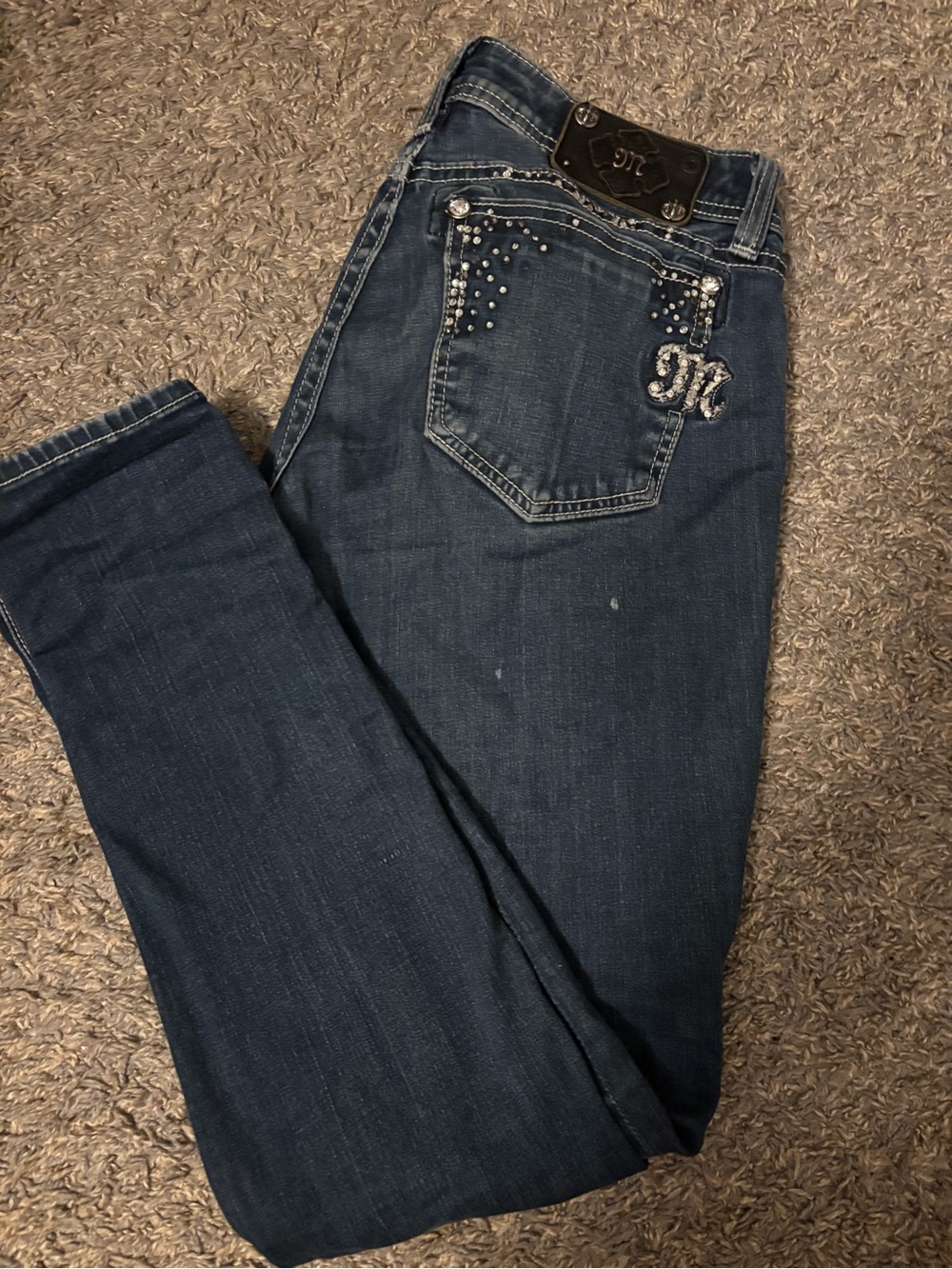 Miss Me Dark Blue Skinny Jeans with Rhinestone Pocket